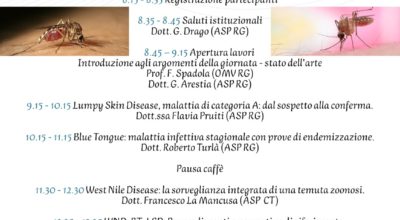 EVENTO FORMATIVO “MALATTIE INFETTIVE EMERGENTI TRASMESSE DA VETTORI: LUMPY SKIN DIDEASE, BLUE TONGUE, WEST NILE DISEASE. EPIDEMIOLOGIA, GESTIONE, IMPATTO SUL TERRITORIO, NORMATIVA DI RIFERIMENTO”. CON RILASCIO DI CREDITI SPC DEL 03 OTTOBRE 2025 DALLE ORE 08:15 ALLE ORE 14:15, PRESSO LA SEDE DELL’ORDINE DEI MEDICI VETERINARI DI RAGUSA.